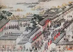 Oblique projection: Entrance and yard of a yamen. Detail of scroll about Suzhou by Xu Yang, ordered by the Qianlong Emperor. 18th century