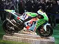 Rossi YZR-M1 bike used at the Dutch Grand Prix in Assen, 2007. Valentino Rossi on the Yamaha M1 "Cinquecento" special livery.