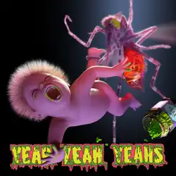 A computer-animated image of a nude, screaming infant being grabbed by a giant mosquito