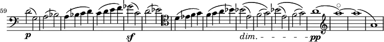 \relative c' \new Staff \with { \remove "Time_signature_engraver" } {
\key a \minor \clef bass
\set Staff.midiInstrument = "cello"
\set Score.tempoHideNote = ##t \tempo 2 = 72
\time 2/2
\set Score.currentBarNumber = #59 \bar ""
\override Score.SpacingSpanner #'common-shortest-duration = #(ly:make-moment 1 2)
d2(\p g,) | a( bes) | a4( bes c d) | c( d e f) | ges2(\sf c,) | d( es) | \clef tenor d4( es f g) | f( g a bes) |
bes2(\(\dim e,) | f( g)\) | bes(\( e,) | f( g)\) | a1(\pp | \clef treble a'\flageolet) ~ | a( | a,) |
}