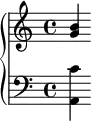 \new PianoStaff <<
\new Staff \relative { < g' b >}
\new Staff \relative { \clef "bass" <a, c'>}
>>
