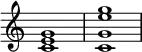 
\relative c' { \override Score.TimeSignature #'stencil = ##f <c e g>1 <c g' e' g> }
