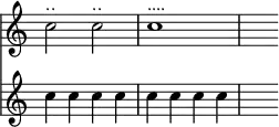 \relative c'' << { \override Score.TimeSignature #'stencil = ##f } \time 4/4 \new staff { c2^\markup { .. } c2^\markup { .. } | c1^\markup { .... } | s2 } \new staff { c4 c c c | c c c c | s2 } >>