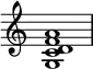 
{
\override Score.TimeSignature #'stencil = ##f
\relative c' {
   \clef treble
   \time 4/4
   \key c \major
   <g c d f a>1
} }
