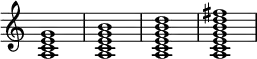 
{
\override Score.TimeSignature #'stencil = ##f
\relative c' {
   \clef treble
   \time 4/4
   \key c \major
   <a c e g>1
   <a c e g b>1
   <a c e g b d>1
   <a c e g b d fis>1
} }
