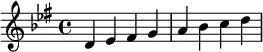 {
\relative c' {
  \set Staff.keyAlterations = #`((6 . ,FLAT)(2 . ,FLAT)(3 . ,SHARP)) d es fis g a bes c d }}