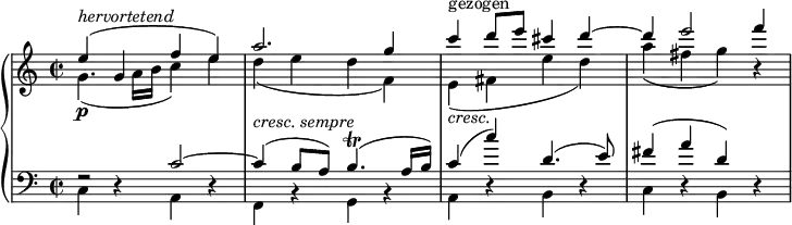 { \new PianoStaff <<
\new Staff <<
\set Score.tempoHideNote = ##t \new Voice \tempo 4 = 120 \relative e'' {
\clef "treble" \key c \major \stemDown \set Staff.midiInstrument = #"piano" \time 2/2 | % 1
g,4. _( a16 b16 c4 ) e4 | % 2
d4 _( e4 d4 f,4 ) | % 3
e4 ^"gezogen" _\markup{ \italic {cresc.} } _( fis4 e'4 d4 ) | % 4
a'4 _( fis4 g4 ) r4 }
\relative g' {
\clef "treble" \key c \major \stemUp \time 2/2 | % 1
e'4 \p ^\markup{ \italic {hervortetend} } ^( g,4 f'4 e4 ) | % 2
a2. g4 | % 3
c4 d8 e8 cis4 d4 ^~ | % 4
d4 e2 f4 } >>
\new Staff <<
\new Voice \relative c' {
\clef "bass" \key c \major \stemUp \set Staff.midiInstrument = #"piano" \time 2/2 | % 1
r2 c2 ^~ | % 2
c4 ^( b8 a8 ) b4. ^( \trill a16 b16
) | % 3
c4 ^( c'4 ) d,4. ^( e8 ) | % 4
fis4 ^( a4 d,4 ) r4 }
\relative c {
\key c \major \stemDown \time 2/2 | % 1
c4 r4 a4 r4 | % 2
f4 ^\markup{ \italic {cresc. sempre} } r4 g4 r4 | % 3
a4 r4 b4 r4 | % 4
c4 r4 b4 s4 } >>
>> }