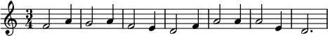 \relative c'{\set Staff.midiInstrument = #"electric piano 2"  \once \hide Score.MetronomeMark \tempo 4 = 85 \time 3/4 f2 a4 g2 a4 f2 e4 d2 f4 a2 a4 a2 e4 d2.}