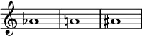 {
\override Score.TimeSignature
#'stencil = ##f
\relative c'' {
\time 4/4
aes1 a! ais
} }