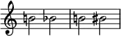 { \omit Score.TimeSignature \key c \major \time 4/4 b'!2 bes' b'! bis'}
