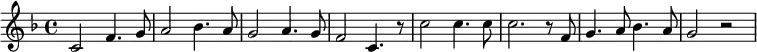 {\set Staff.midiInstrument = #"electric piano 1" \key f \major c'2 f'4. g'8 a'2 bes'4. a'8 g'2 a'4. g'8 f'2 c'4. r8 c''2 c''4. c''8 c''2. r8 f'8 g'4. a'8 bes'4. a'8 g'2 r2}