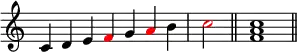 
{
\override Score.TimeSignature #'stencil = ##f
\relative c' {
  \clef treble
  \time 7/4 c4 d e \once \override NoteHead.color = #red f g \once \override NoteHead.color = #red a b \time 2/4 \once \override NoteHead.color = #red c2 \bar "||"
  \time 4/4 <f, a c>1 \bar "||"
} }
