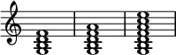 
{
\override Score.TimeSignature #'stencil = ##f
\relative c' {
   \clef treble
   \time 4/4
   \key c \major
   <g b d f>1
   <g b d f a>1
   <g b d f a c e>1
} }
