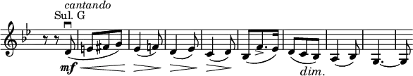\relative c' \new Staff \with { \remove "Time_signature_engraver" } {
\key g \minor \time 3/8
r8 r^\markup { Sul. G } d\downbow \mf \< ^\markup \italic cantando ( e fis g) es4\>( f!8) d4\>( es8) c4\>( d8\!)
bes( f'8.-> es16) d8( c\dim bes\!) a4( bes8) g4.~ g8
}