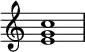 

{
\override Score.TimeSignature #'stencil = ##f
\relative c' {
   \clef treble 
   \time 4/4
   \key c \major
   <e g c>1
} }
