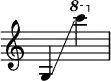 
{
    \override Score.SpacingSpanner.strict-note-spacing = ##t
    \set Score.proportionalNotationDuration = #(ly:make-moment 1/8)
    \override Score.TimeSignature #'stencil = ##f
    \relative c' {
        \time 2/4
        \ottava #0 g4 \glissando 
        \ottava #1 c'''
    }
}
