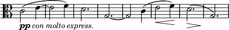 \relative c' \new Staff \with { \remove "Time_signature_engraver" } {
\key c \major \time 3/4 \clef C
c2 _\markup {\dynamic pp \italic { con molto express. } }( e4~ e2 f4) d2. g,2.~ g2 c4( e2\< f4\!) d2.\>( g,2.\!)
}