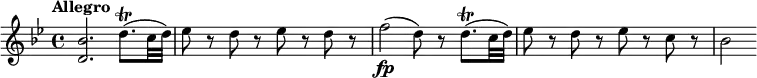 \relative c'' { \set Staff.midiInstrument = #"string ensemble 1"
\override Score.NonMusicalPaperColumn #'line-break-permission = ##f
\key bes \major
\tempo "Allegro" \set Score.tempoHideNote = ##t \tempo 4 = 144
<bes d,>2. d8.\trill( c32 d) |
es8 r d r es r d r |
f2\fp( d8) r d8.\trill( c32 d) |
es8 r d r es r c r |
bes2
}