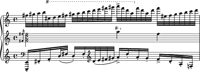 \new GrandStaff <<
\new Staff \relative c' {
\set Score.tempoHideNote = ##t
\tempo 4 = 108
fis'32 gis a b \ottava #1
cis d e fis
gis a b c d e fis gis
a-> fis d a \ottava #0
fis d a d
fis eis, fis gis a b cis d
}
\new Staff \relative c' {
\slashedGrace <fis fis'>8 <fis a d fis>2 \ottava #1
a''4 \ottava #0
fis,
}
\new Staff \relative {
\clef bass
<e,, e'>16-. fis'-. a-. d32\( fis
d16-.\) fis-.
\clef treble
d'32\( e fis gis
a16->\) d-. a-. gis-.
fis-> d-. a-. f-.
}
>>