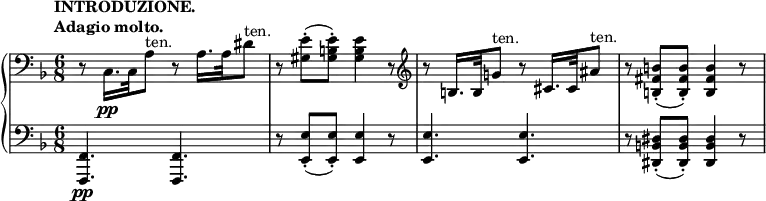 \relative c' {
\new PianoStaff <<
\new Staff { \key f \major \time 6/8 \clef bass
\tempo \markup {
\column {
\line { INTRODUZIONE. }
\line { Adagio molto. }
}
} \set Score.tempoHideNote = ##t \tempo 8 = 30
r8 c,16.\pp c32 a'8^\markup ten. r a16. a32 dis8^\markup ten. r <e gis,>-.( <e b gis>-.) <e b gis>4 r8 \clef treble
r b16. b32 g'!8^\markup ten. r cis,16. cis32 ais'8^\markup ten. r <b fis b,>-.( <b fis b,>-.) <b fis b,>4 r8
}
\new Staff { \key f \major \time 6/8 \clef bass
<f,, f,>4._\pp <f f,> r8 <e' e,>-.( <e e,>-.) <e e,>4 r8 <e e,>4. <e e,> r8 <dis b dis,>-.( <dis b dis,>-.) <dis b dis,>4 r8
}
>>
}