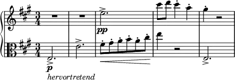 \relative c'' {
\new PianoStaff <<
\new Staff {
\set Staff.midiInstrument = #"piano" \key a \major \clef treble \time 3/4 \set Score.tempoHideNote = ##t \tempo 4 = 170
R2.*2 |
e2. \pp -> |
cis'8 d8 cis4 -. a4 -. |
gis4 -. r2 |
}
\new Staff {
\set Staff.midiInstrument = #"piano" \key a \major \clef alto \time 3/4
e,,2. \p _\markup{ \italic { hervortretend } } -> |
e'2. -> |
fis8 \< -. gis8 -. a8 -. b8 -. a8 -. cis8 -. |
e4 \! r2 |
e,,2. -> |
}
>>
}