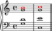 
   \new PianoStaff <<
      \new Staff <<
         \new Voice \relative c'' {
             \stemUp \clef treble \key c \major \time 4/4
             \override NoteHead.color = #red b1 c 
             }
         \new Voice \relative c'' {
             \stemDown
              g1 g
              }
            >>
     \new Staff <<
         \new Voice \relative c' {
             \stemUp \clef bass \key c \major \time 4/4
             d1 e
             }
         \new Voice \relative c' {
             \stemDown
             g1 c, \bar "||"
             }
         >>
    >>
