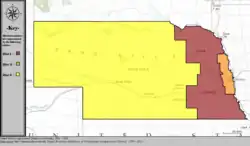 Color-coded map of Nebraska. Western three-quarters is Third District; most of eastern quarter is First District; Omaha and a small strip along the eastern border of the state is Second District