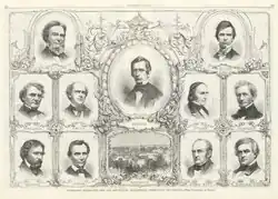 several engravings of men surround a larger such and one of a building